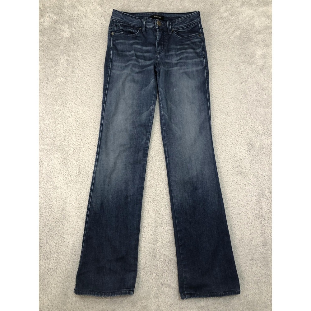 Y2K Bebe Jeans Womens 27x31.5 Blue Made in USA Bootcut Distressed Low Rise